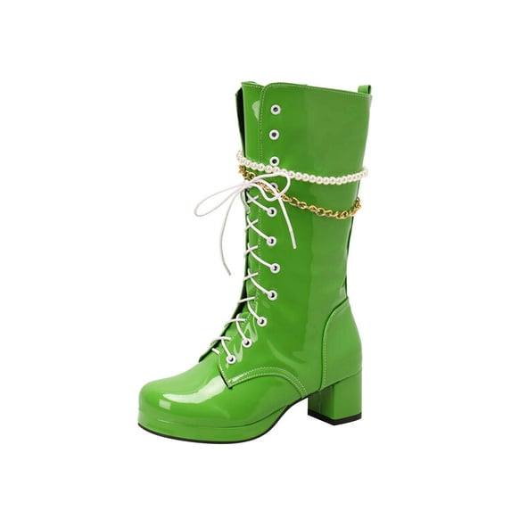 KIJBLAE Women's Knee High Boots Chunky Heel Lace Up Faux Leather Boots Pearl Chain Decor Fashion Boots Winter Boots Green 38