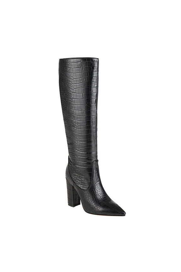 Women's Knee High Boots Crocodile Embossed Leather Pointed Toe Chunky Heel Over The Knee Boots Black 39