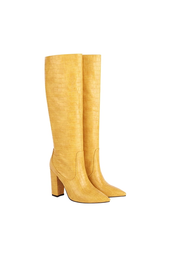 Women's Knee High Boots Pointed Toe Chunky Heel Leather Boots Fall Winter Warm Comfortable Fashion Boots Yellow 37