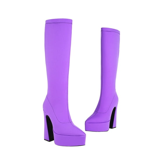 KIJBLAE Women's Knee High Boots Pointed Toe Chunky Heel Stretch Boots Black Party Comfortable Fashion Stylish Dress Boots Purple 36