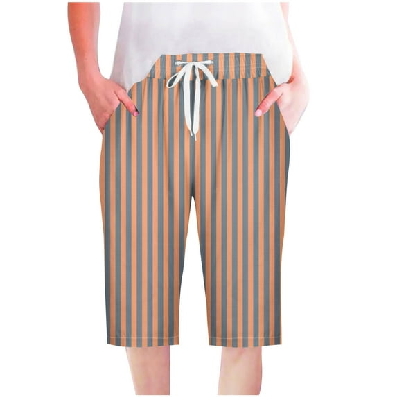 KIJBLAE Women's Knee Length Lounge Shorts Striped Drawstring Bermuda Shorts Summer Sleepwear Pajama Shorts Soft Comfy Lounge Capri Trunks Orange S