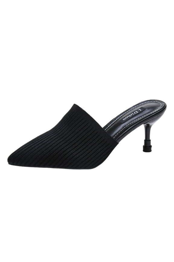 Women's Knitted Pointed Toe Kitten Heel Mules Slip On Summer Open Toe Buckle Sandals Low Heel Shoes Black 39