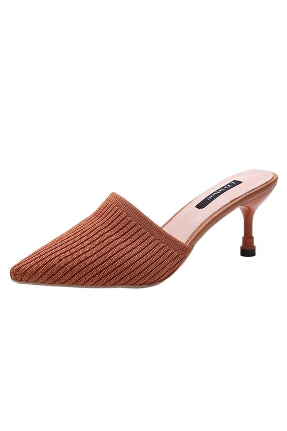 Women's Knitted Pointed Toe Kitten Heel Mules Slip On Summer Open Toe Buckle Sandals Low Heel Shoes Orange 35