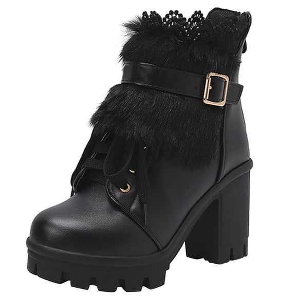 KIJBLAE Women's Lace Leather Chunky Ankle Booties Boots Non-Slip Lace Up High Heel Short Boots for Bride Wedding Black 39