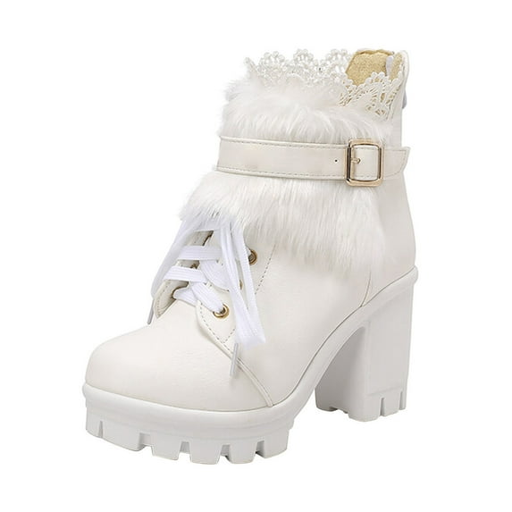 KIJBLAE Women's Lace Leather Chunky Ankle Booties Boots Non-Slip Lace Up High Heel Short Boots for Bride Wedding White 36