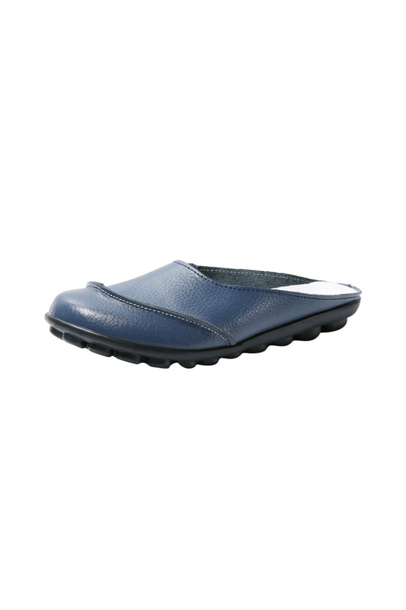 Women's Leather Clogs Moccasins Loafers Breathable Slip-On Flat Mule Shoes Comfort House Slippers Dark Blue 38