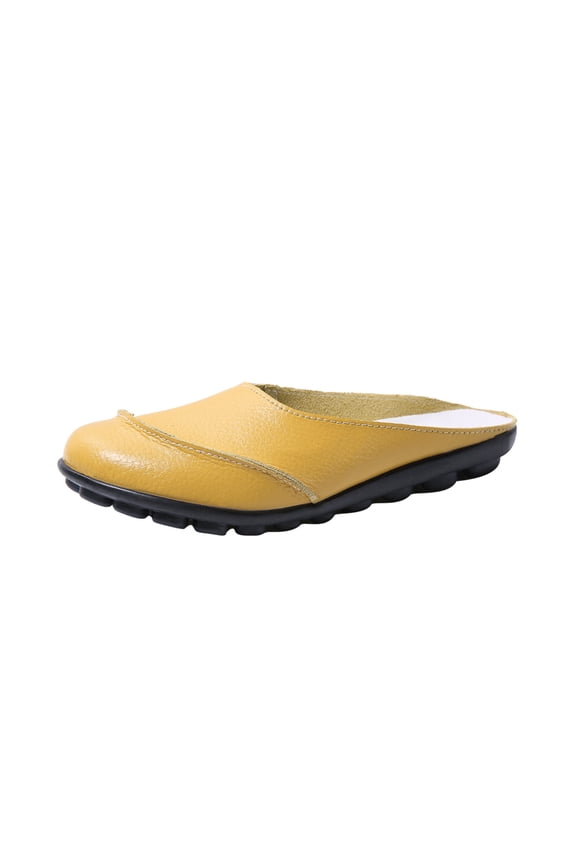 Women's Leather Clogs Moccasins Loafers Breathable Slip-On Flat Mule Shoes Comfort House Slippers Yellow 43