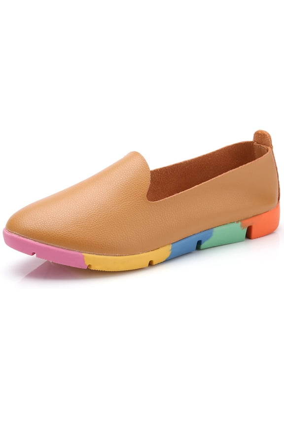 Women's Leather Loafers Breathable Shoes Soft Slip-On Flat Rainbow Sole Comfort Walking Shoes Brown 38