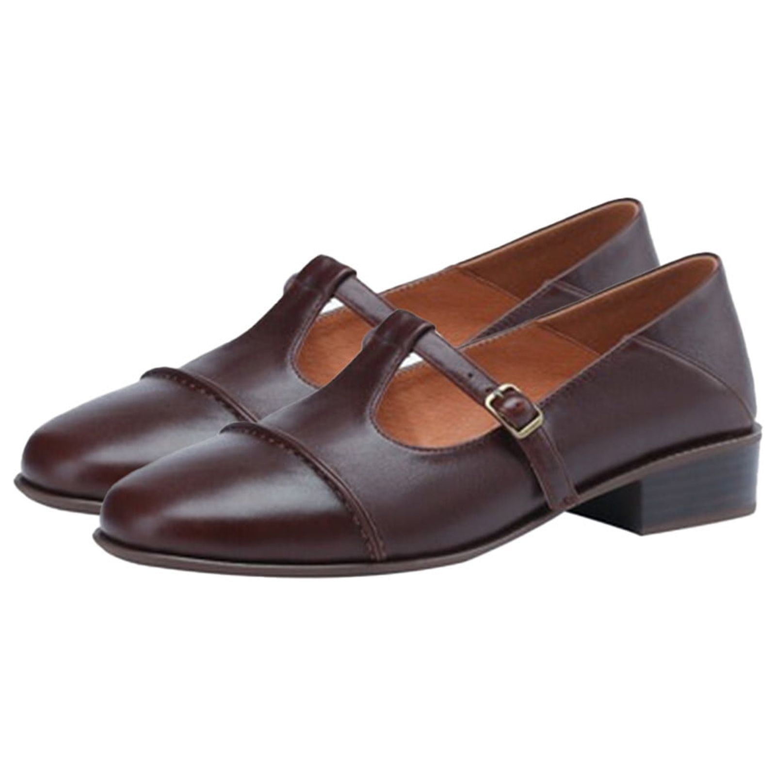 KIJBLAE Women's Leather Mary Jane Shoes Buckle T-Strap Round