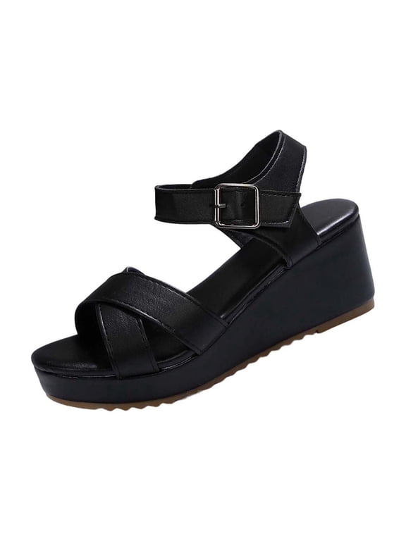 Women's Leather Wedge Sandals, Open Toe with Cross Strap, Comfort Platform Footwear Black 43