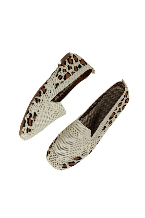 Women's Leopard Print Knitted Slip On Flats Breathable Shoes Comfortable Lightweight Sneakers Khaki 41