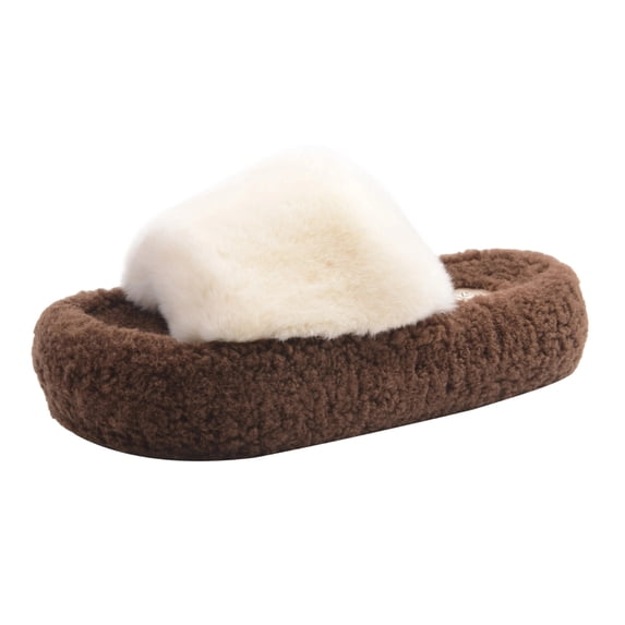 KIJBLAE Women's Letter Print Fuzzy Lined Platform Slippers, Warm Plush House Slippers for Cold Winter Days, Soft Indoor Footwear with Non-Slip Bottom for Home Beige 37