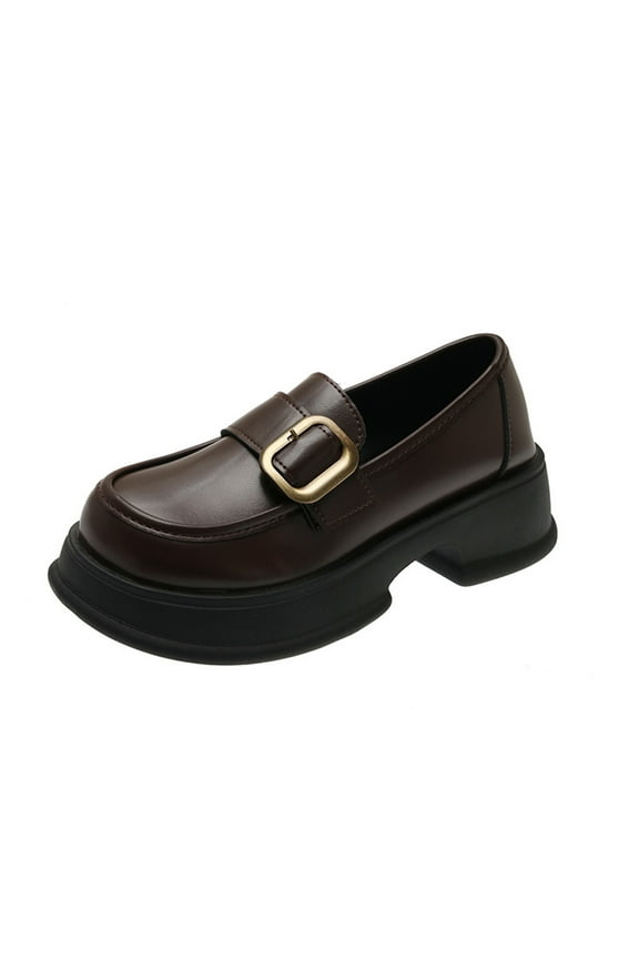 Women's Loafers Shoes Buckle Strap Slip-On Chunky Sole Round Toe Black Mary Jane Shoes Brown 39