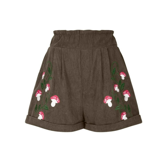 KIJBLAE Women's Loose Fit Straight Leg Bermuda Shorts Corduroy Shorts Embroidered High Waist Wide Leg Shorts Retro Summer Beach with Pockets Brown XXL