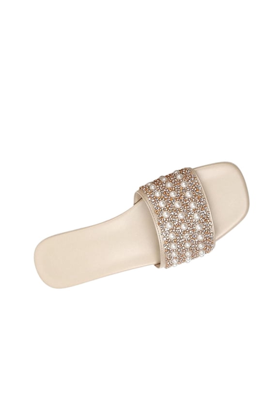 Women's Low Heel Pearl Rhinestone Slide Sandals, Bohemian Roman Style Beach Casual Flat Slippers Gold 40