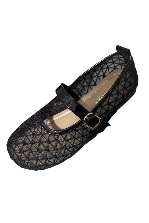 Women's Mesh Fishnet Hollow Out Flats, Round Toe Thin Band Slip On Trendy Breathable Casual Shoes Black 36
