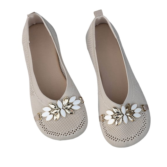 KIJBLAE Women's Mesh Rhinestone Ballet Flats Breathable Slip-On Pointed Toe Flat Shoes Loafers Comfort Walking Shoes Ladies Shoes Beige 42
