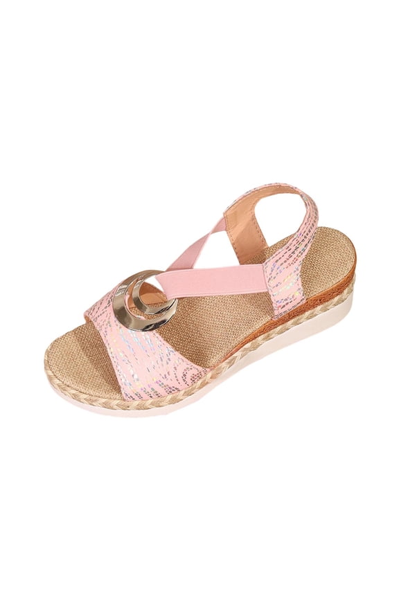 Women's Metal Buckle Trendy Rope Wedge Sandals, Plus Size Peep Toe Beach Style, Fashion Comfortable Lightweight Summer Footwear Pink 36