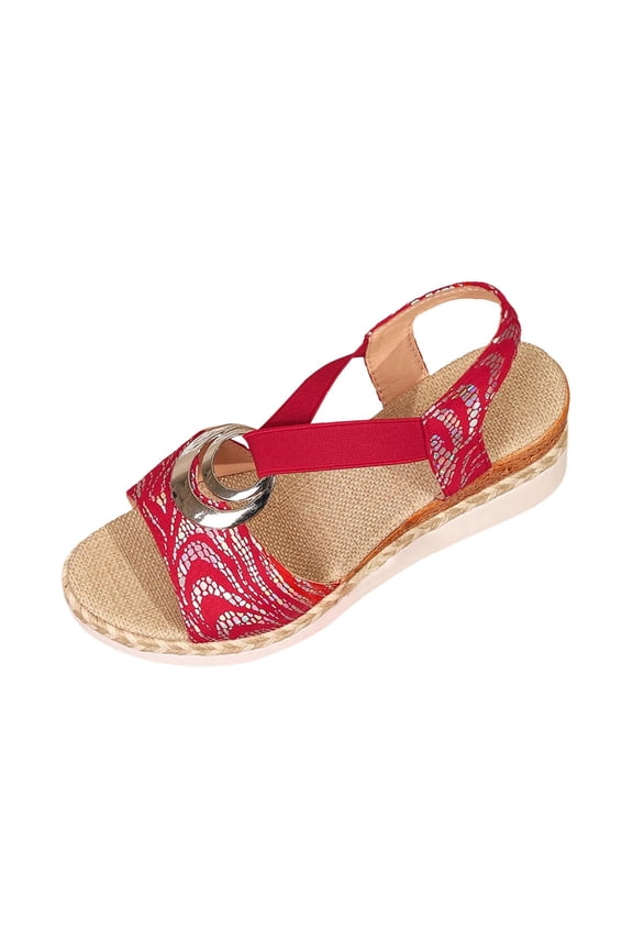 Women's Metal Buckle Trendy Rope Wedge Sandals, Plus Size Peep Toe Beach Style, Fashion Comfortable Lightweight Summer Footwear Red 36