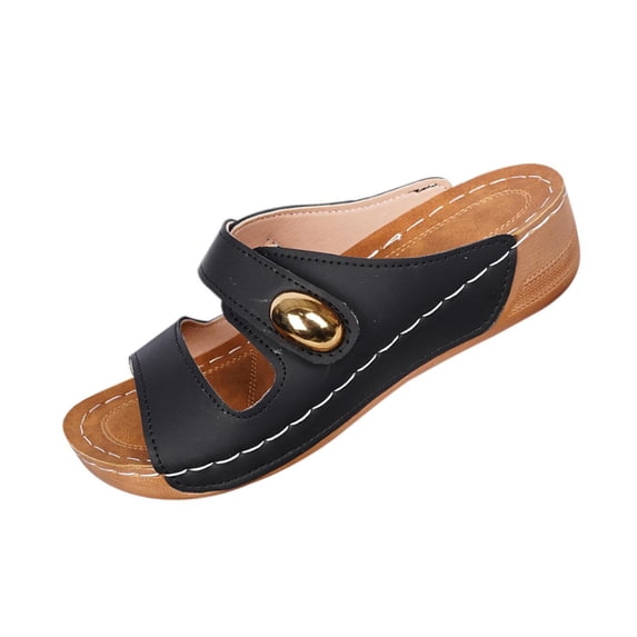 KIJBLAE Women's Minimalist Round Toe Thick Sole Wedge Sandals, Open Toe Casual Beach Slippers for Vacation Black 36
