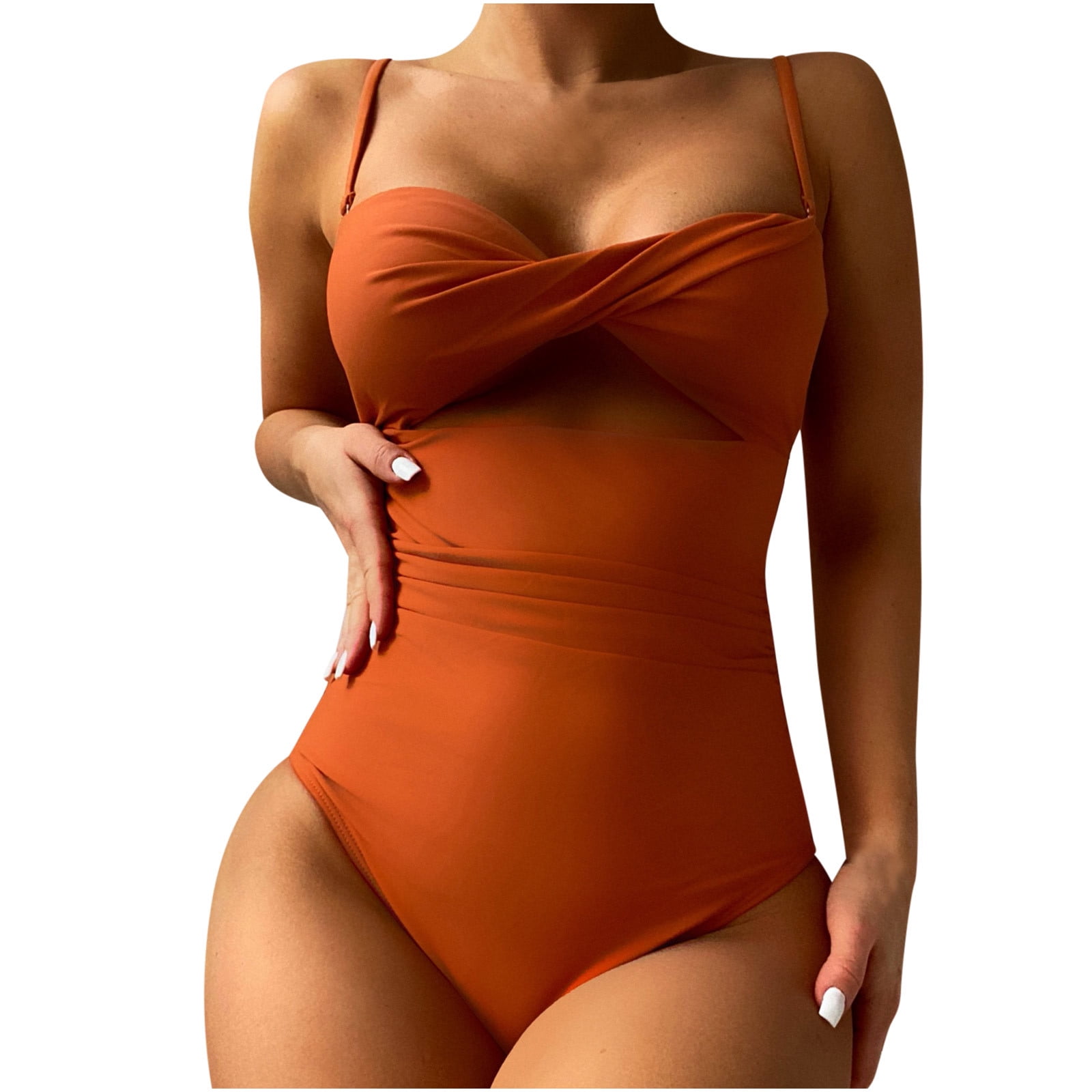 KIJBLAE Women's One Piece Bodysuit Summer Fashion Cozy Outfits for Girls  Solid Color Beachwear Strappy Bathing Suit Twist Ruced Front Swimwear Sets  Discount Coffee L 