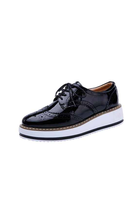 Women's Patent Leather Brogue Oxford Shoes Chunky Heels Lace-Up Round Toe Wingtip Brogues Loafers Dress Shoes Black 40