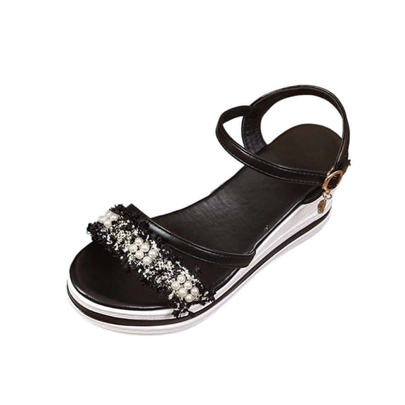 KIJBLAE Women's Pearl-Embellished Wedge Sandals, Open Toe with Tassel Detail, Comfort Platform Footwear Black 36