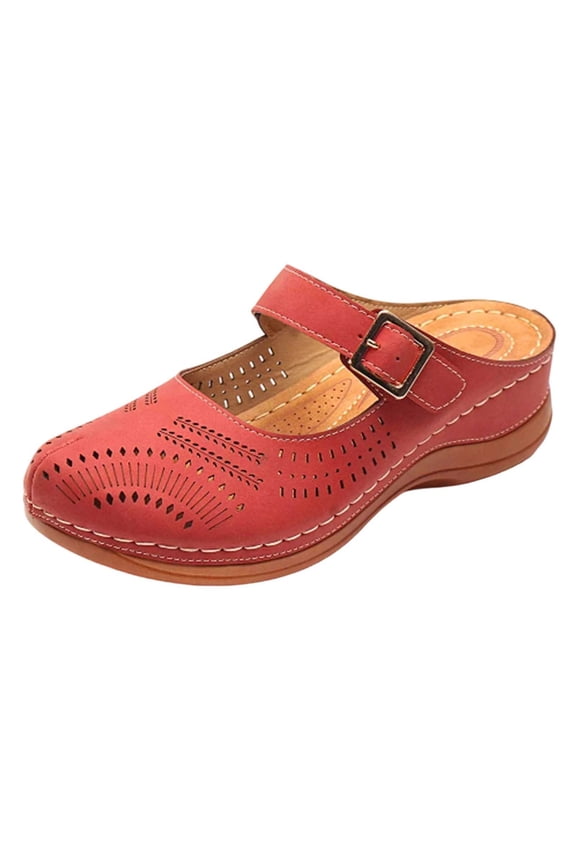 Women's Perforated Fashion Mules, Closed Toe with Cutout, Comfort Footwear for Everyday Wear Red 36