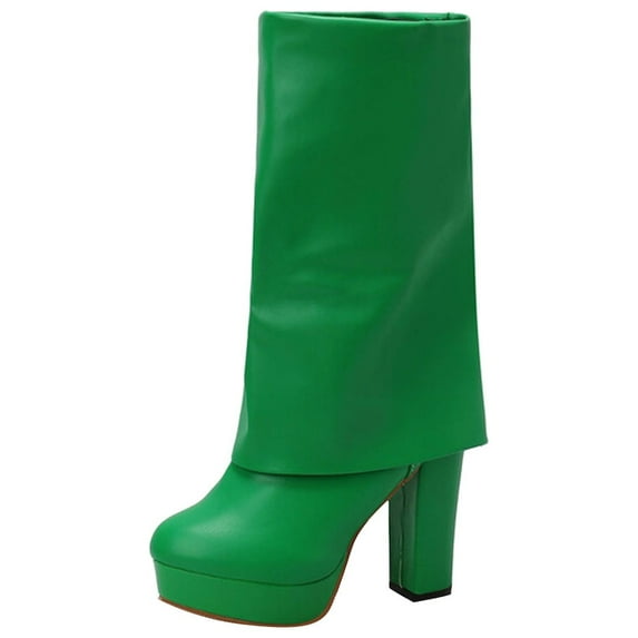 KIJBLAE Women's Boots Fold Over High Heel Ankle Boots Chunky Heel Boots PU Leather Winter Boots Green 37