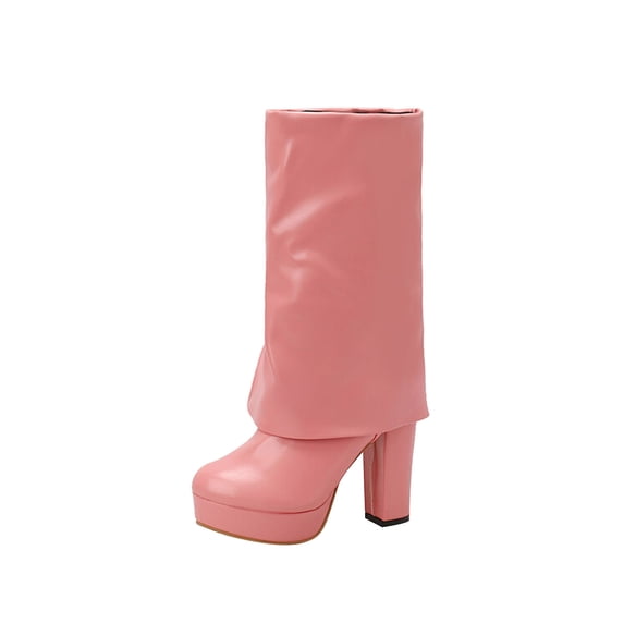 KIJBLAE Women's Boots Fold Over High Heel Ankle Boots Chunky Heel Boots PU Leather Winter Boots Pink 35
