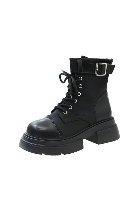 Women's Buckle Boots Gothic Punk Style Thick Sole Lace Up Short Boots Black Fashion Shoes Black 38