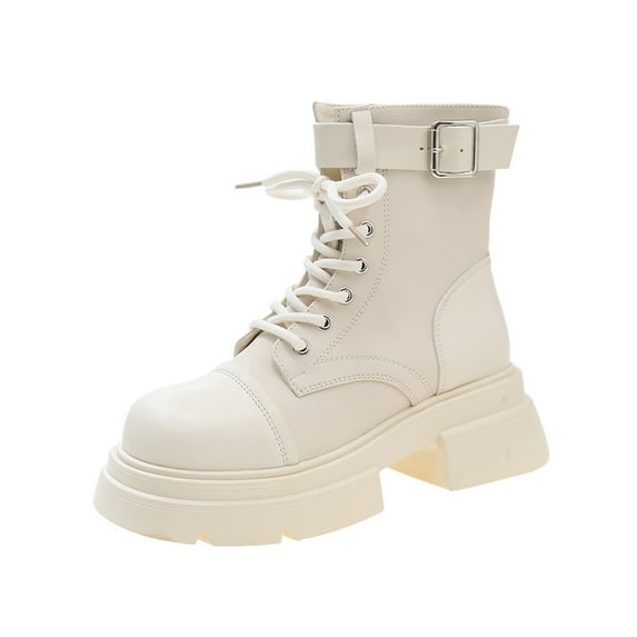 KIJBLAE Women's Buckle Boots Gothic Punk Style Thick Sole Lace Up Short Boots Black Fashion Shoes White 39