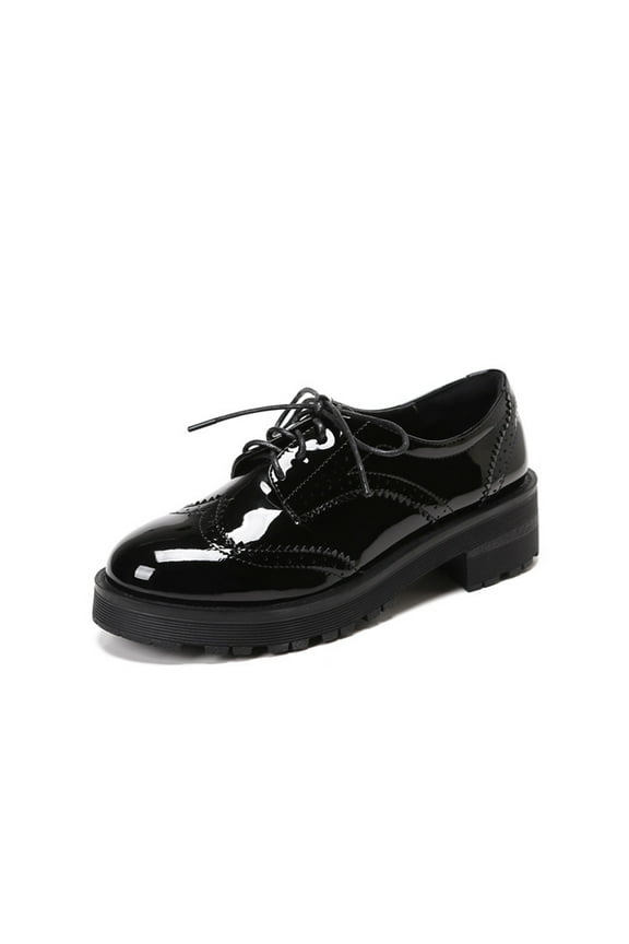 Women's Oxfords Shoes Patent Leather Lace Up Brogue Shoes Thick Sole Chunky Heels Wingtip Dress Shoes Black 37