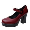 thumbnail image 1 of KIJBLAE Women's Pumps Shoes Chunky High Heels Buckle Strap Mary Jane Round Toe Pumps Slip-On Party Wedding Shoes Wine 35, 1 of 8