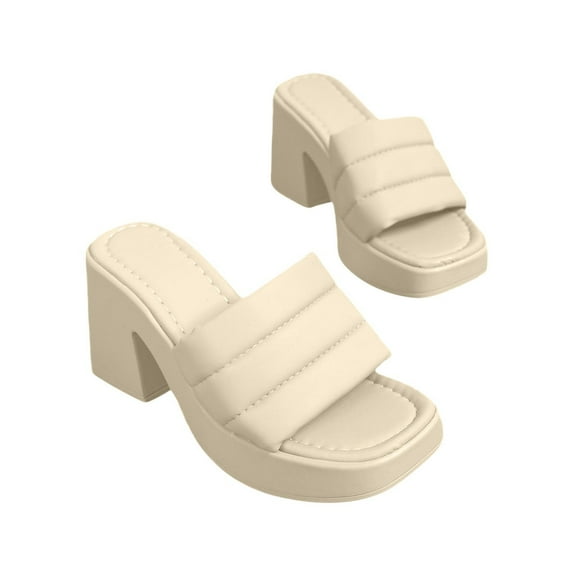 KIJBLAE Women's Slide Sandals Chunky High Heels Slippers Open Toe Slip-On Solid Color Shoes Mules Sandals Beige 42