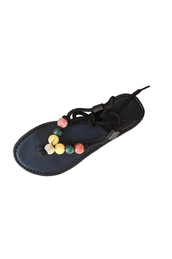 Women's Plus Size Bohemian Beaded Clip Toe Sandals, Ethnic Flat Beach Design, Lightweight Comfortable Outdoor Vacation Shoes Black 36