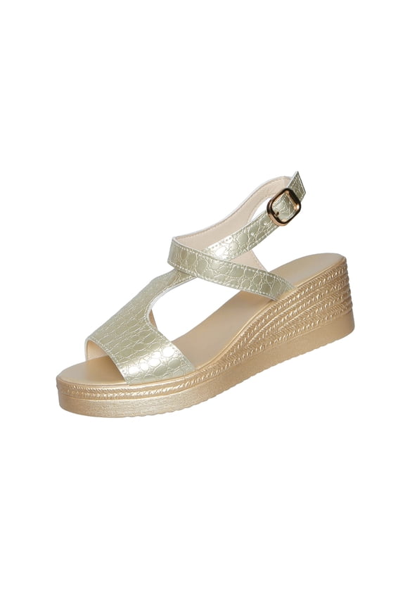 Women's Plus Size Croc-Embossed Wedge Sandals Comfort Platform Footwear Peep Toe with Buckle Gold 42