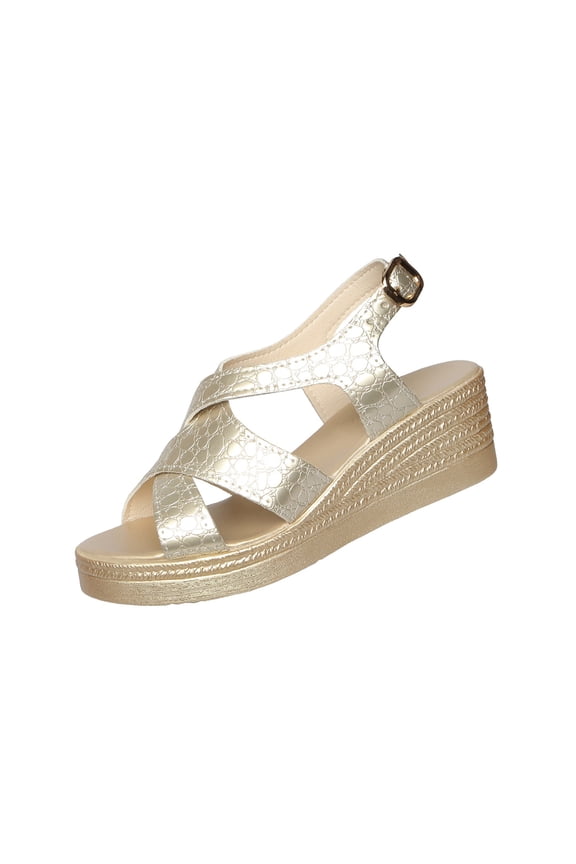 Women's Plus Size Croc-Embossed Wedge Sandals, Peep Toe with Buckle, Comfort Platform Footwear Gold 38