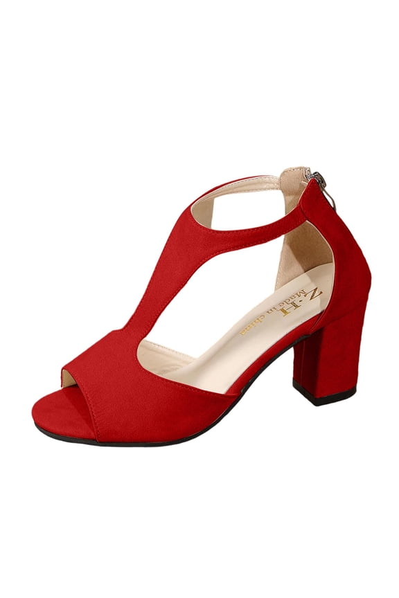 Women's Plus Size Suede Peep Toe Block Heel Sandals, Rear Zipper Design, Trendy Comfortable Elevated Daily Summer Shoes Red 36