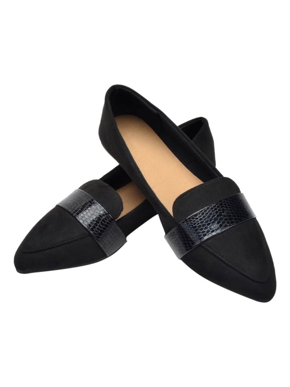 Women's Pointed Toe Flats Snake Print Trim Loafer Slip-On Comfort Suede Shoes Black Black 38