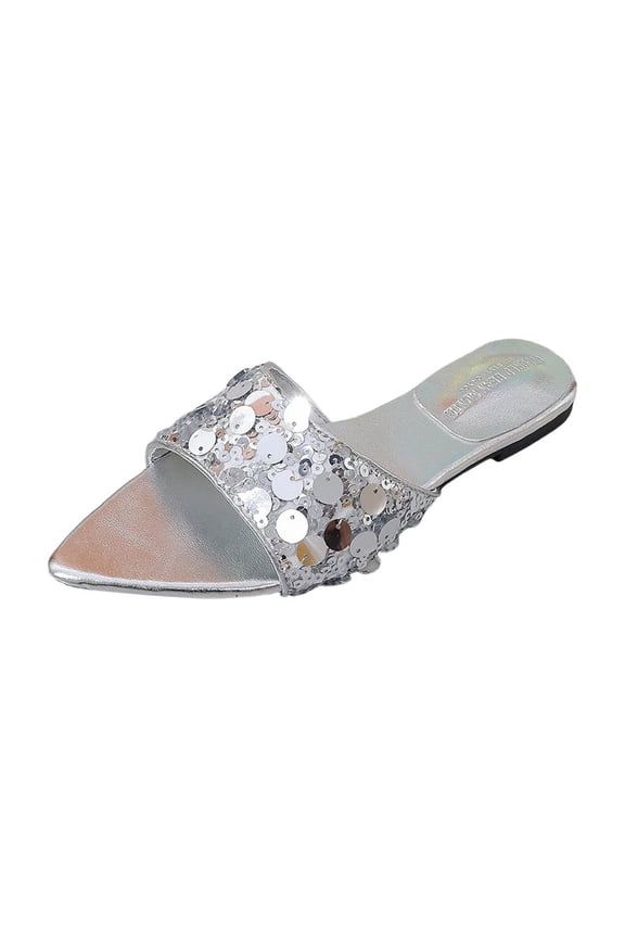 Women's Pointed Toe Sequin Open Toe Sandals, Breathable Lightweight Comfort Casual Summer Beach Slides Silver 38