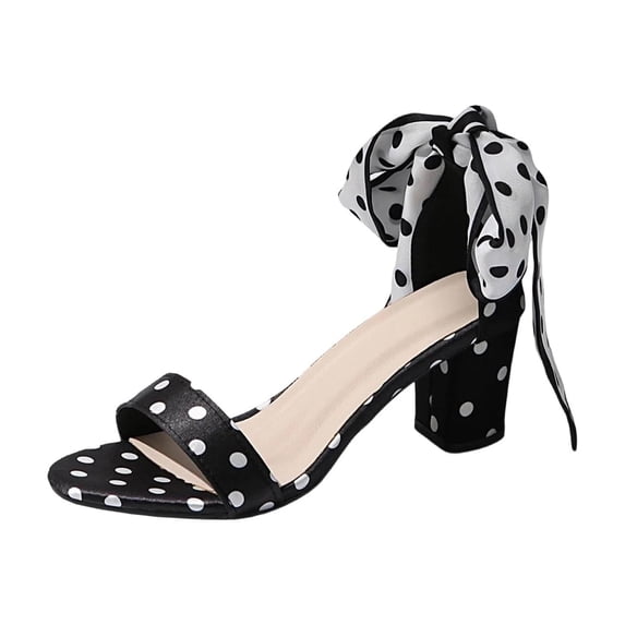 KIJBLAE Women's Polka Dot Bow Block Heel Sandals, Ankle Tie Open-Toe Shoes, Plus Size Retro Comfort Footwear for Party & Daily Black 37