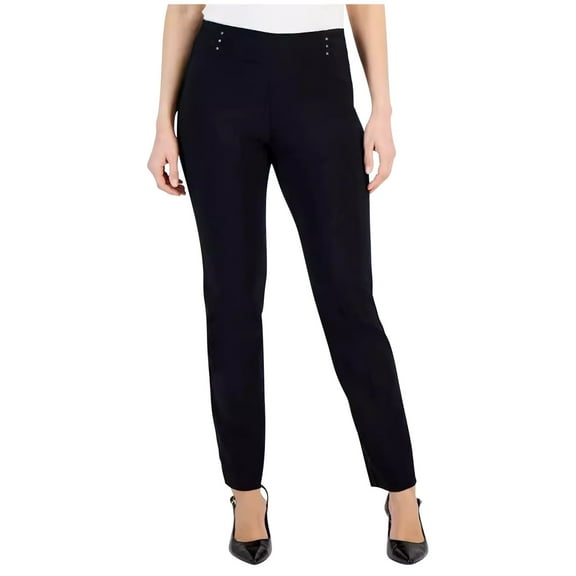 KIJBLAE Women's Ponte Knit Pull-On Straight Leg Pants with Faux Front Welt Pockets Faux Welt Pockets Black XL