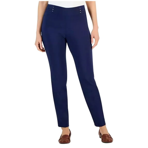KIJBLAE Women's Ponte Knit Pull-On Straight Leg Pants with Faux Front Welt Pockets Faux Welt Pockets Dark Blue XL