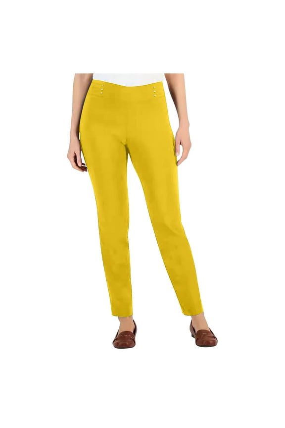 Women's Ponte Knit Pull-On Straight Leg Pants with Faux Front Welt Pockets Faux Welt Pockets Yellow XXL