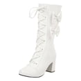 thumbnail image 1 of KIJBLAE Women's Retro Bowknot Lace Up Boots Chunky Heel Round Toe Side Leather Victorian Gothic Punk Style Mid-Calf Boots White 37, 1 of 5