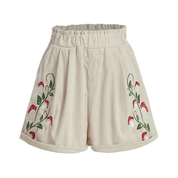 KIJBLAE Women's Retro Summer Beach with Pockets Loose Fit Straight Leg Bermuda Shorts Corduroy Shorts Embroidered High Waist Wide Leg Shorts Beige XXXL