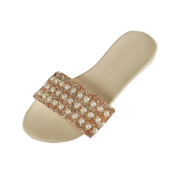 KIJBLAE Women's Rhinestone Bling Flat Sandals Summer Beach Party Club Slip-On Shoes Sandals Flip Flops Ladies Wide Width Sandals Beige 38