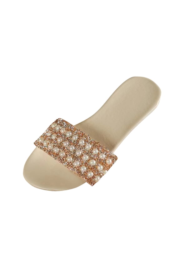 Women's Rhinestone Bling Flat Sandals Summer Beach Party Club Slip-On Shoes Sandals Flip Flops Ladies Wide Width Sandals Beige 39