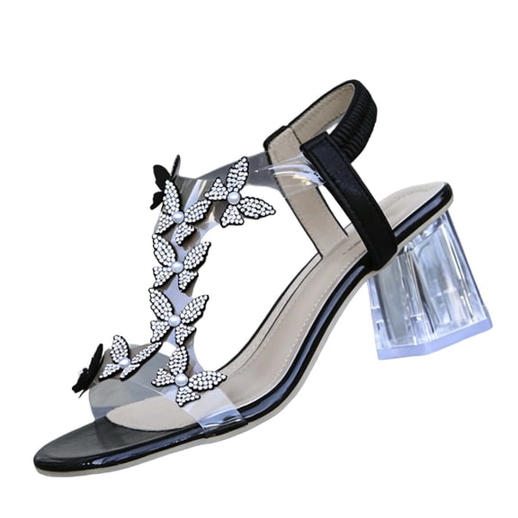 KIJBLAE Women's Rhinestone Butterfly Heeled Sandals, Open Toe with Transparent Block Heel, Glam Comfort Footwear Black 36